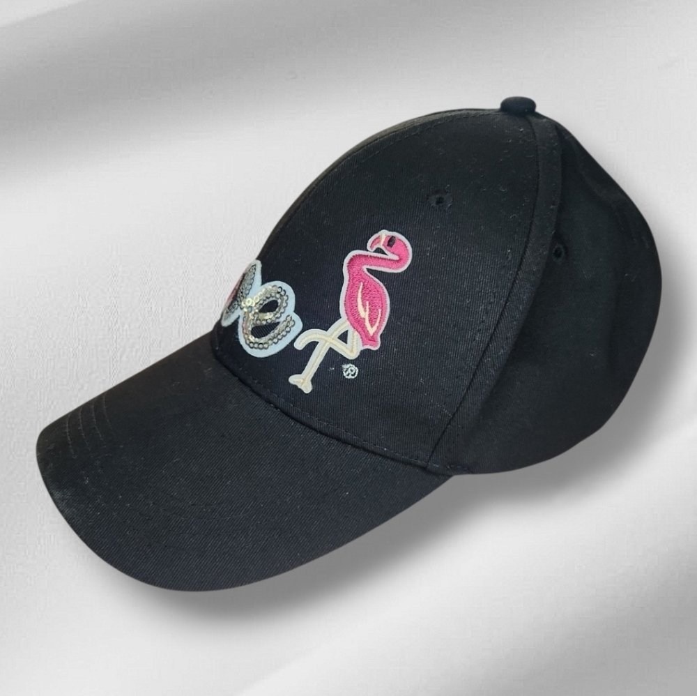 Women's Black Caps with Love and Flamingo Design Handmade-Personalized - Picture 3 of 8